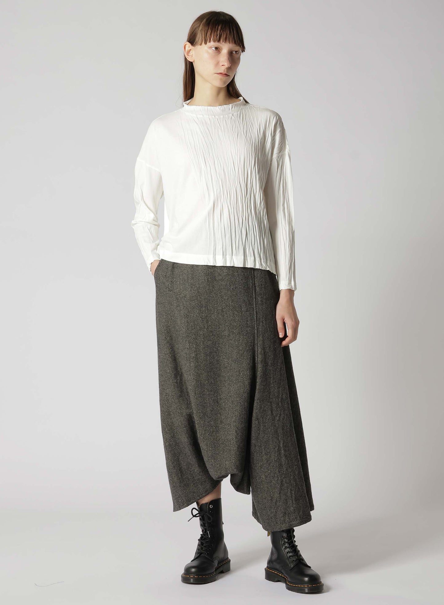 WOOL FLANNEL STRING WAIST ASSYMETRIC PANTS