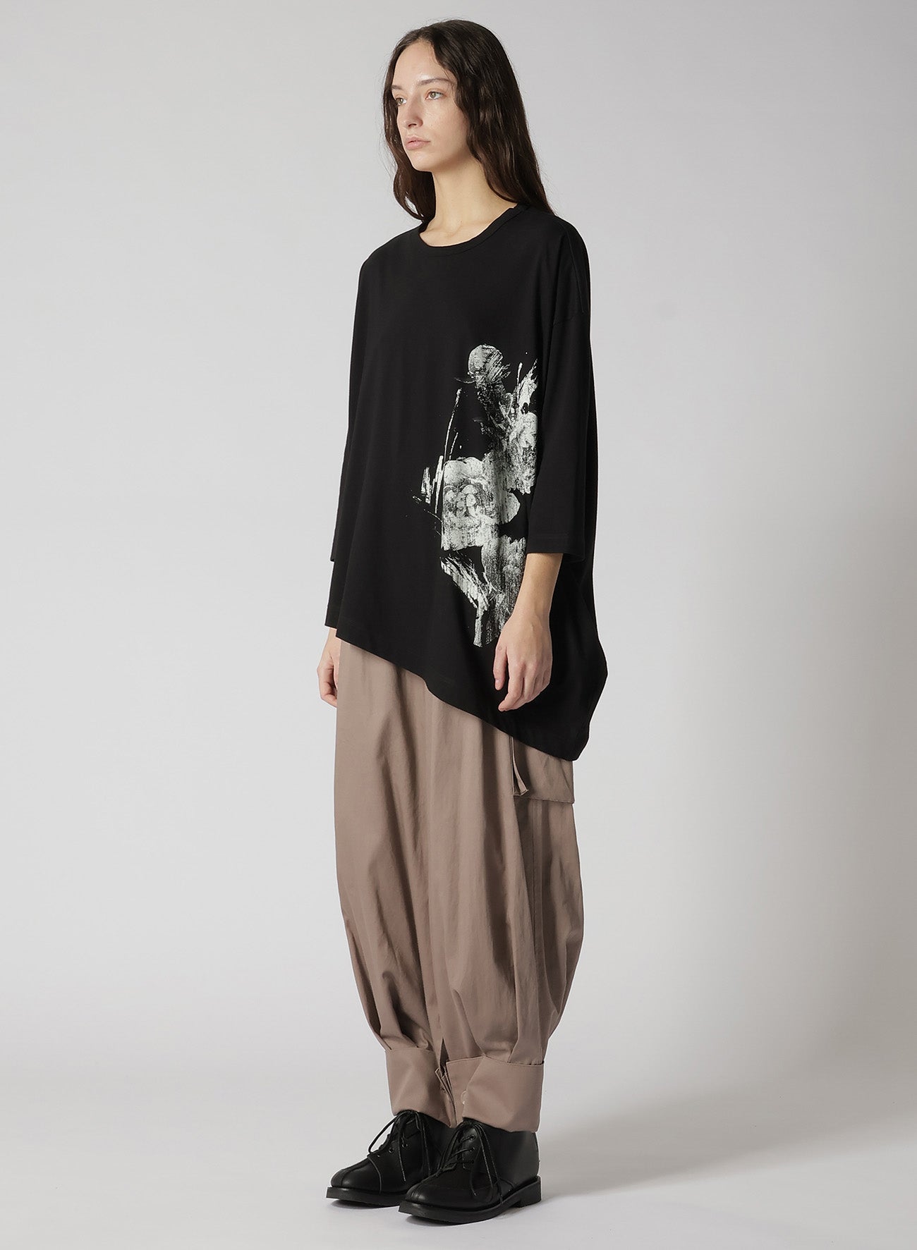 COTTON JERSEY FLOWER PRINT ASYMMETRIC DRAPE T