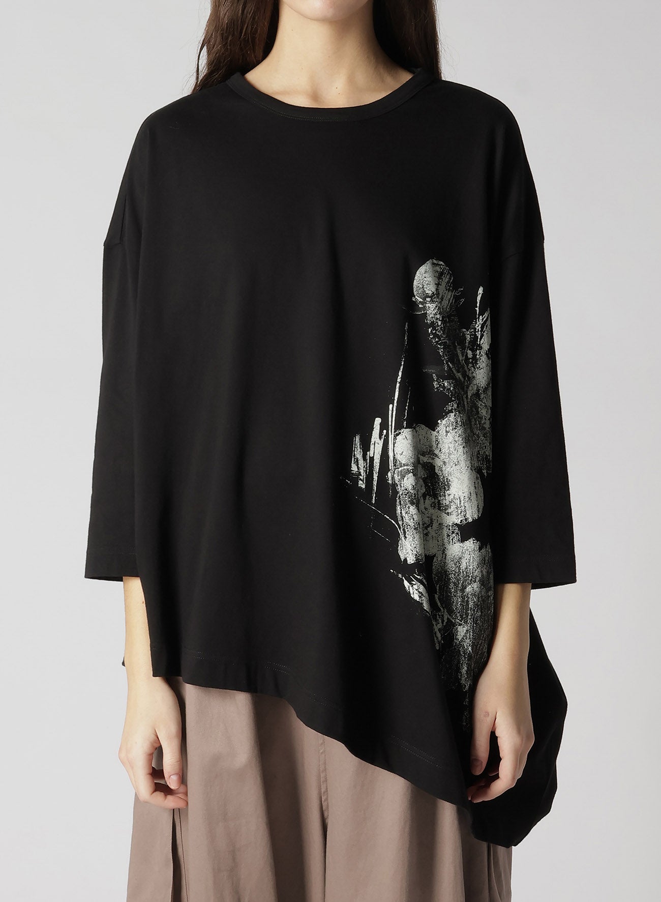 COTTON JERSEY FLOWER PRINT ASYMMETRIC DRAPE T