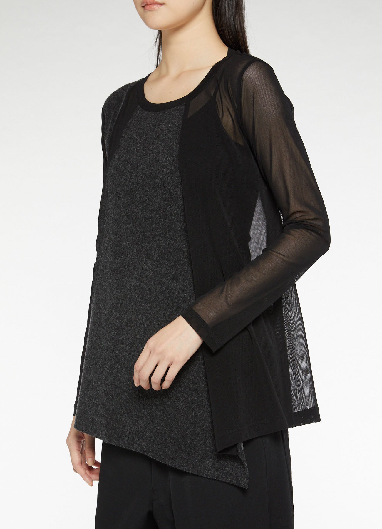 POLYESTER TULLE x WOOL NEEDLE PUNCH HEM FLARE LONG SLEEVE T-SHIRT