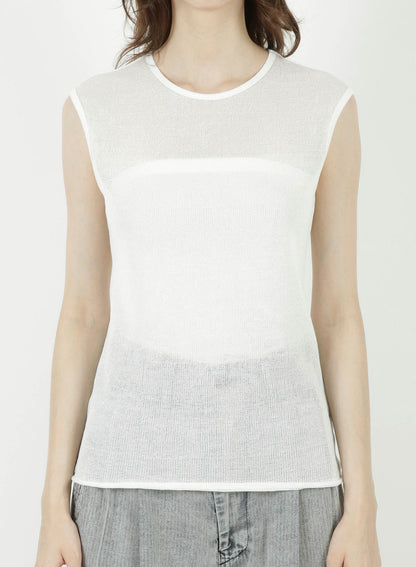 COTTON FAUX LINEN KNIT ROUND NECK TANK TOP