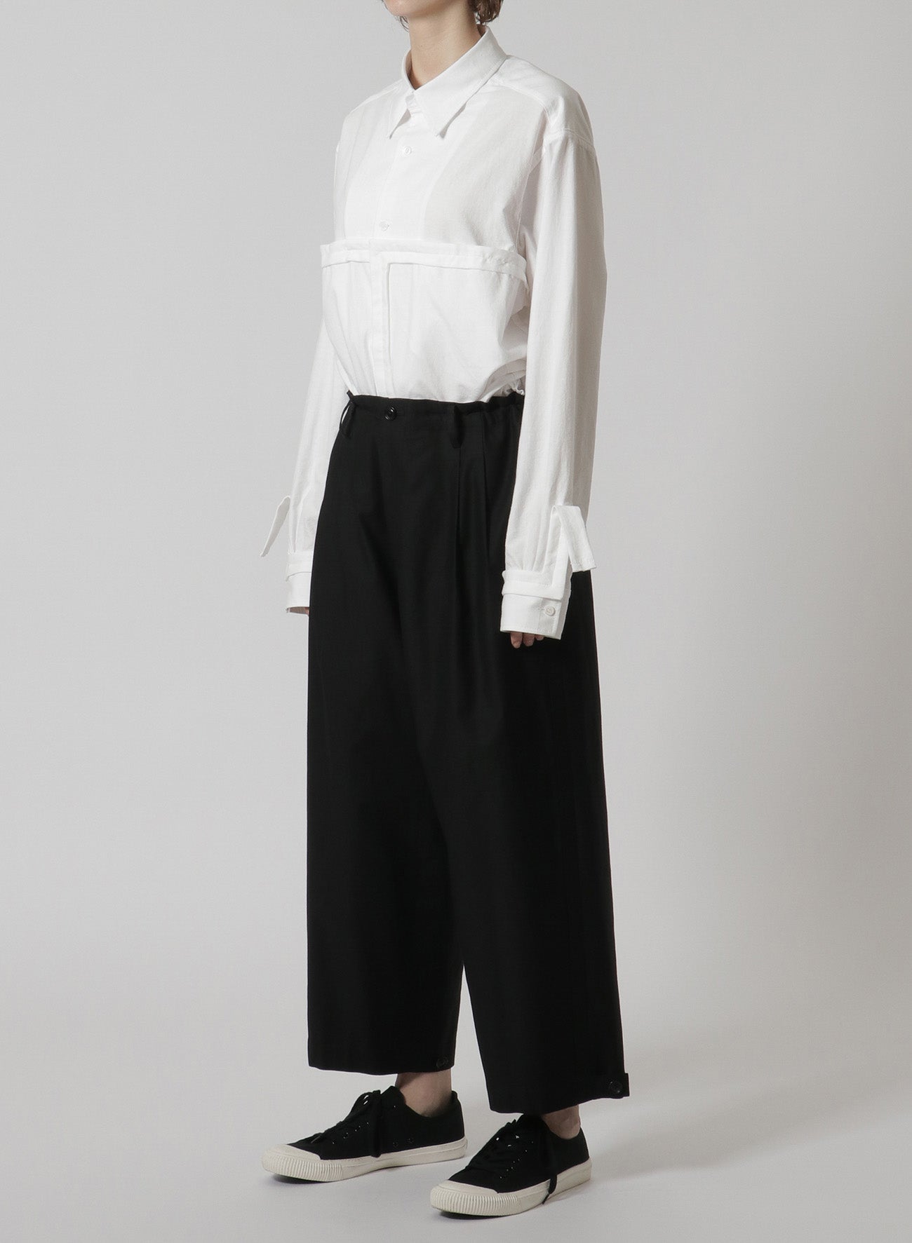 [Y's-Black Name]BLACK TWILL 2 TUCK PANTS WITH SIDE STRIP & TAB