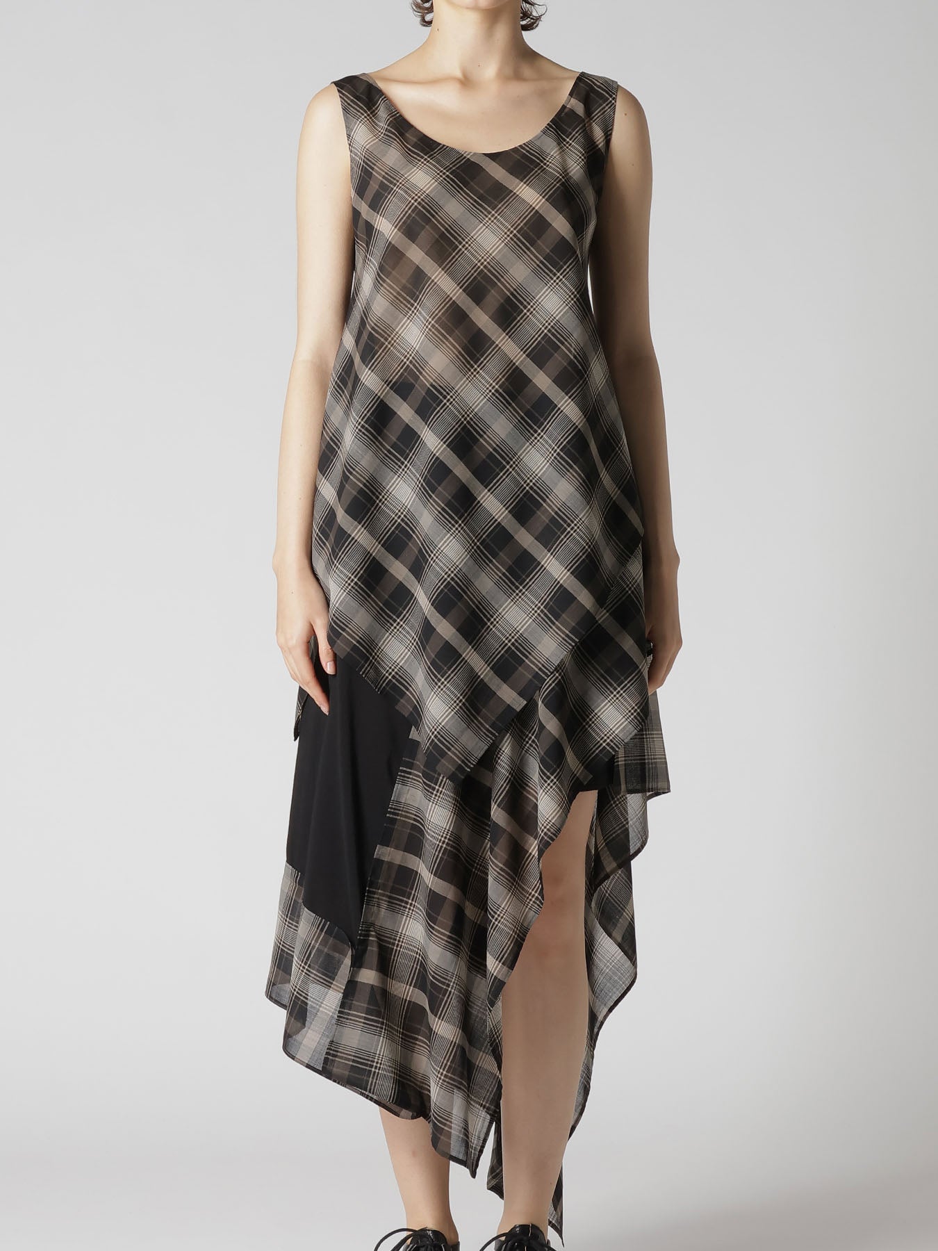 W/PE VOILE PLAID UNEVEN TANKTOP