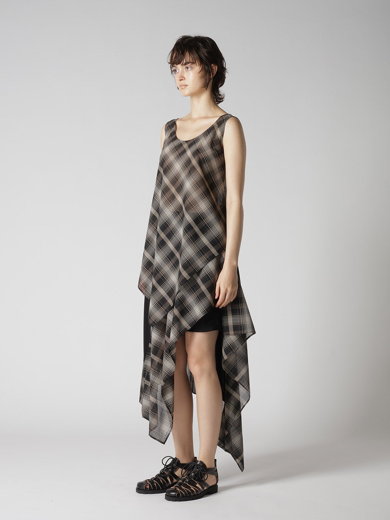 W/PE VOILE PLAID UNEVEN TANKTOP
