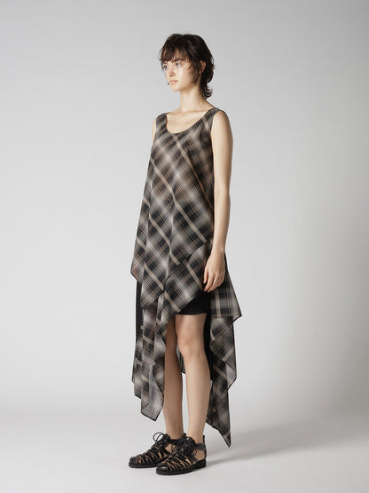 W/PE VOILE PLAID UNEVEN TANKTOP