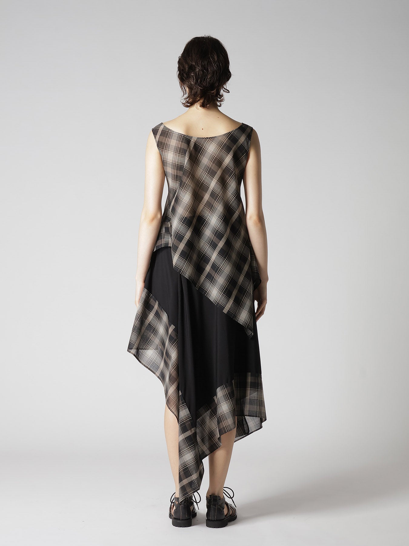 W/PE VOILE PLAID UNEVEN TANKTOP