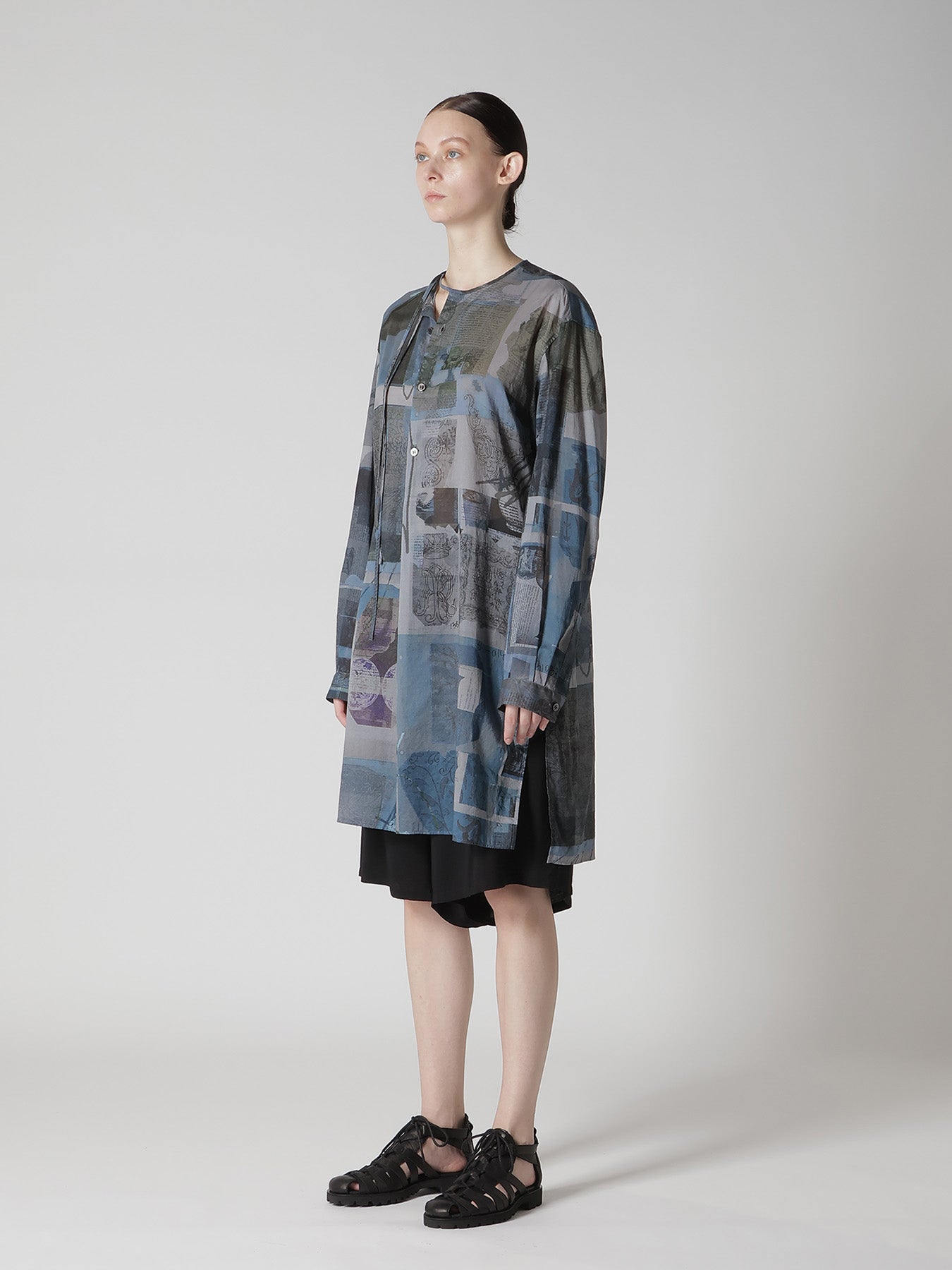 COTTON LAWN VASE COLLAGE PRINT DRAW STRING BLOUSE