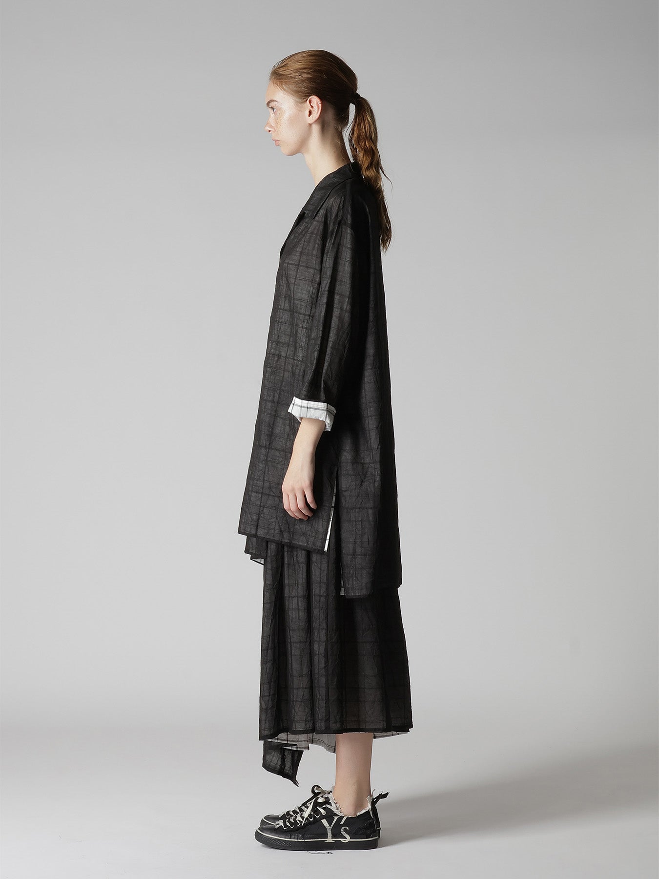 SHEER COTTON-LINEN PLAID LAYER BLOUSE