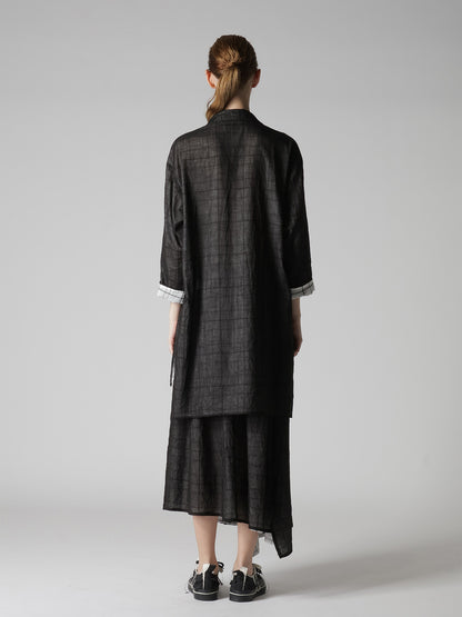 SHEER COTTON-LINEN PLAID LAYER BLOUSE