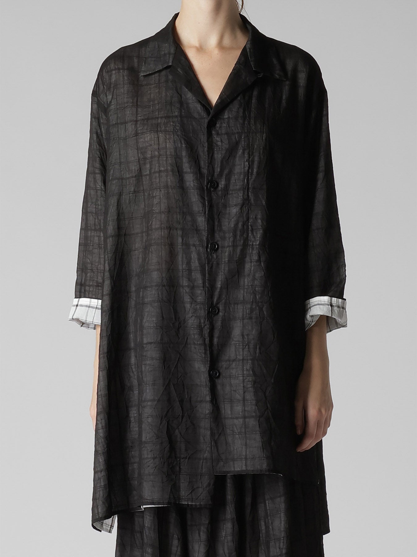 SHEER COTTON-LINEN PLAID LAYER BLOUSE