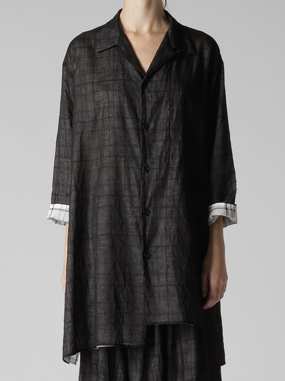 SHEER COTTON-LINEN PLAID LAYER BLOUSE