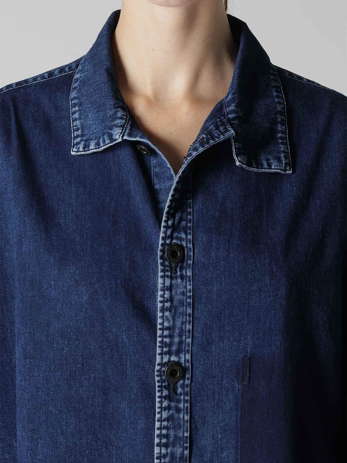 6OZ DENIM CHEMICAL WASH ASYMMETRIC BIG BLOUSE