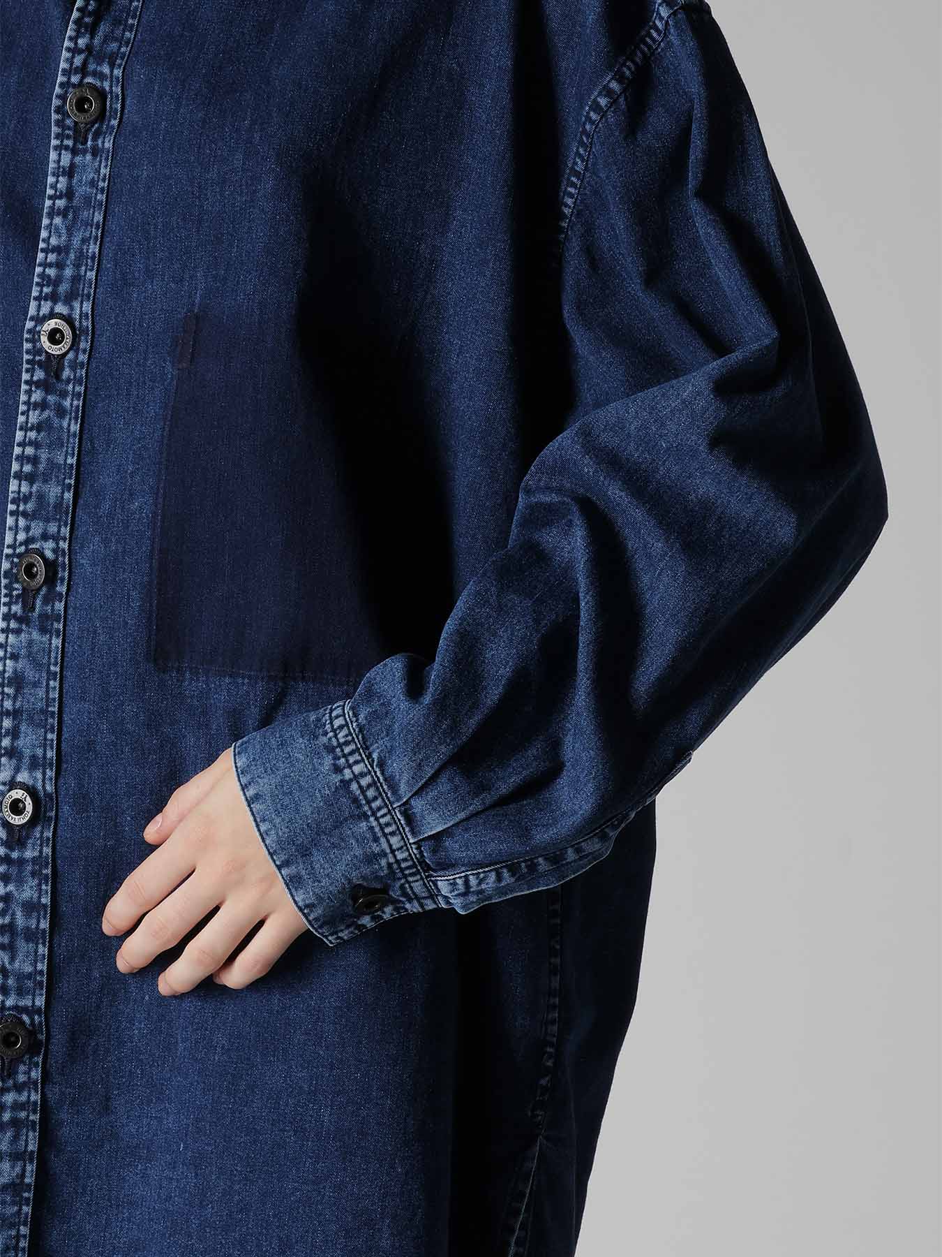 6OZ DENIM CHEMICAL WASH ASYMMETRIC BIG BLOUSE – THE SHOP YOHJI