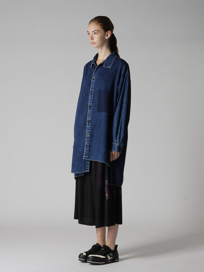 6OZ DENIM CHEMICAL WASH ASYMMETRIC BIG BLOUSE