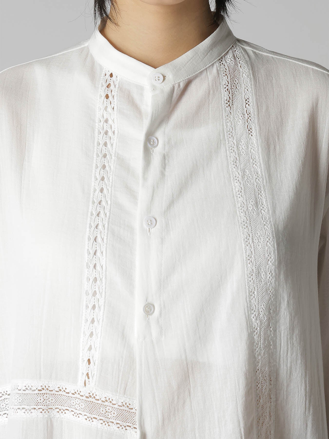COTTON LACE PATCHWORK STAND COLLAR BLOUSE