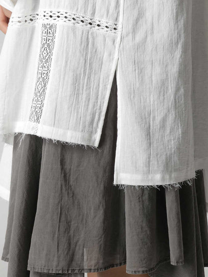 COTTON LACE PATCHWORK STAND COLLAR BLOUSE
