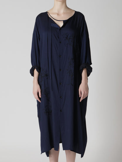 CU/ DUNGAREE TWILL BOTANICAL COLLARLESS DRESS