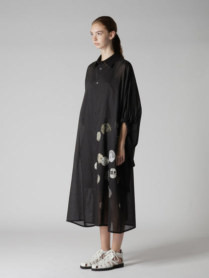 COTTON LAWN ANGEL DOT PRINT GATHERED SLEEVE SHIRT DRESS