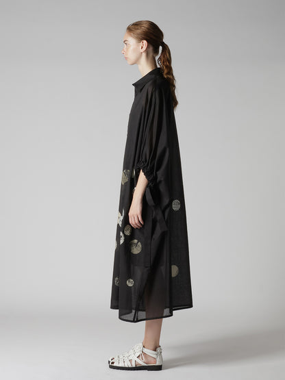 COTTON LAWN ANGEL DOT PRINT GATHERED SLEEVE SHIRT DRESS
