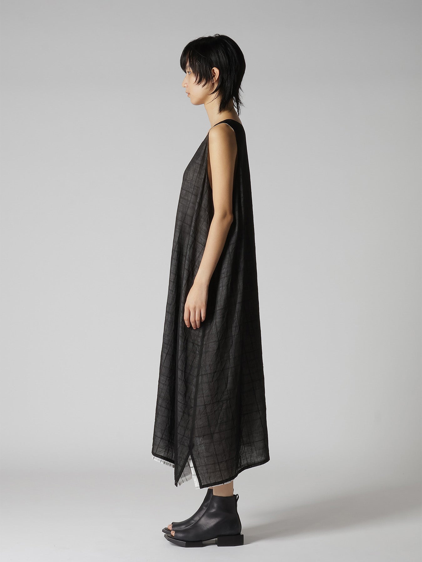 SHEER COTTON-LINEN PLAID LAYER DRESS