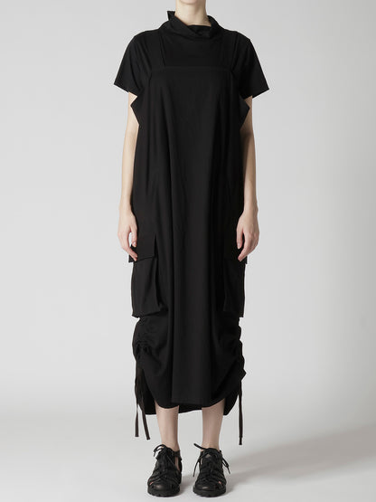 CROSS WEAVE GABARDINE SHIRRING SHOULDER STRAP DRESS