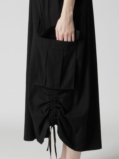 CROSS WEAVE GABARDINE SHIRRING SHOULDER STRAP DRESS