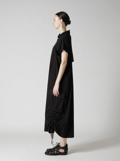 CROSS WEAVE GABARDINE SHIRRING SHOULDER STRAP DRESS
