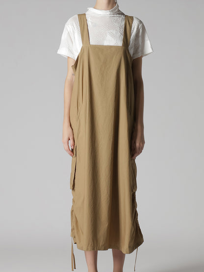 COTTON TYPEWRITER SHIRRING SHOULDER STRAP DRESS