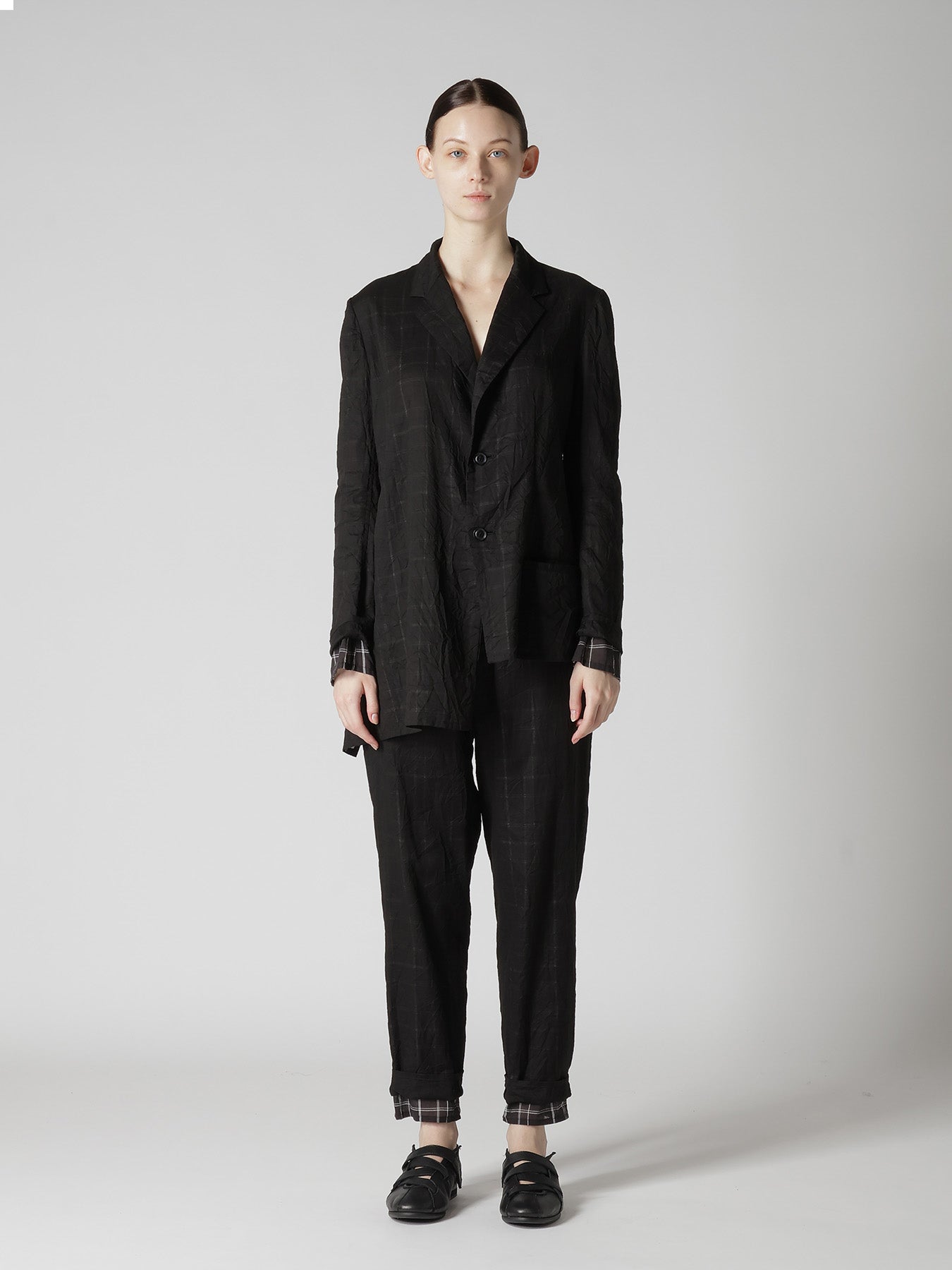 SHEER COTTON－LINEN PLAID LAYER JACKET
