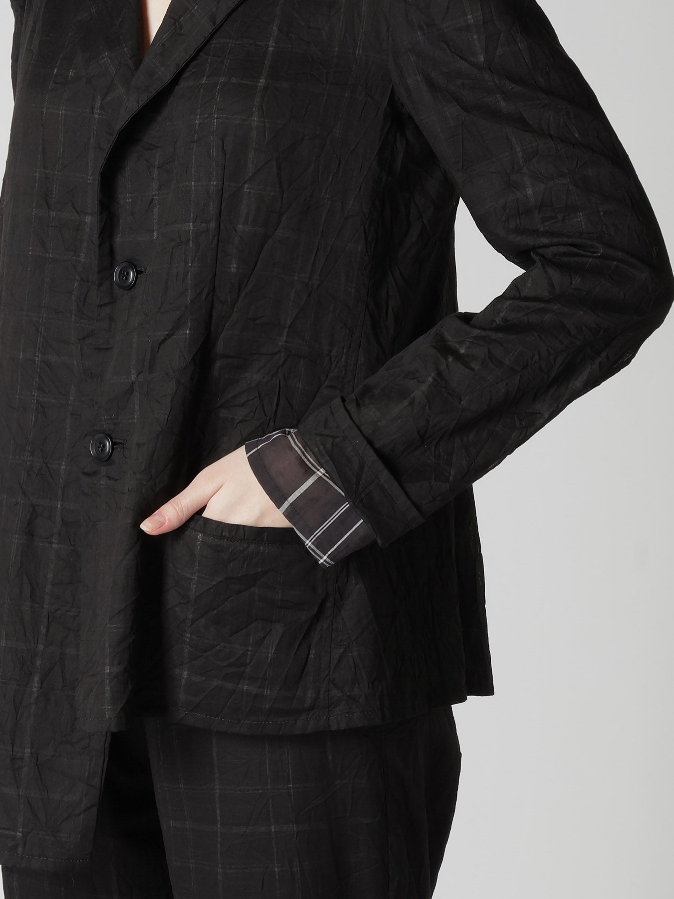 SHEER COTTON－LINEN PLAID LAYER JACKET