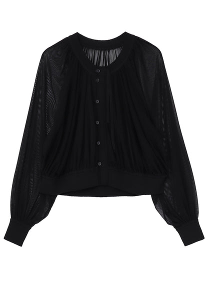 POLYESTER TULLE GATHER SHORT CARDIGAN