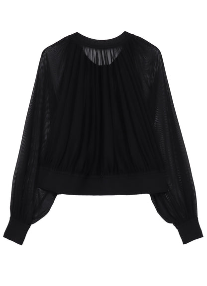 POLYESTER TULLE GATHER SHORT CARDIGAN