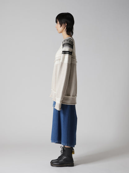 MIXED MATERIAL FAIR ISLE ROUND NECK PULLOVER