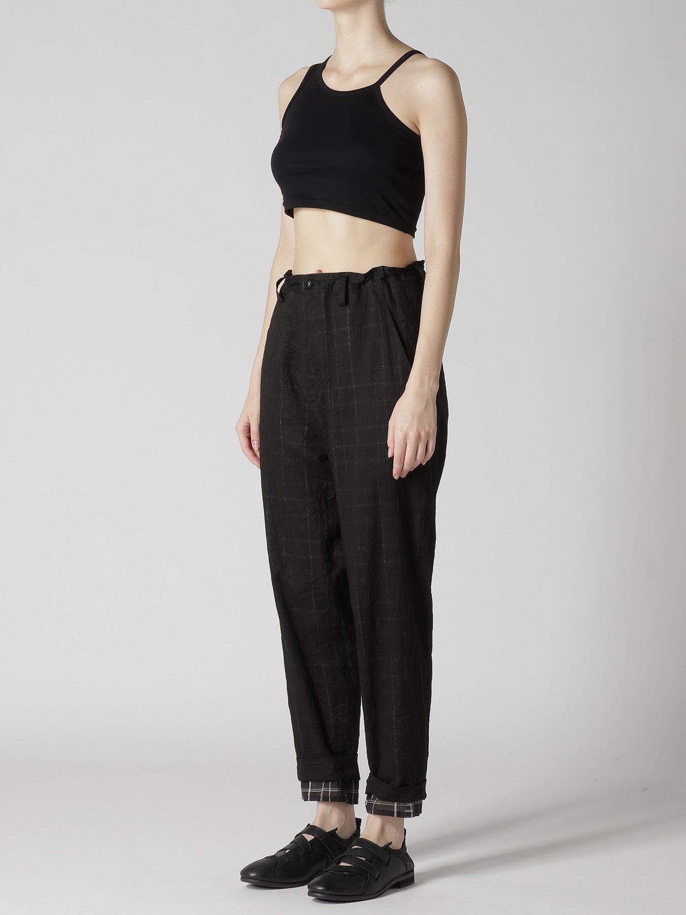 SHEER COTTON-LINEN PLAID LAYER PANTS