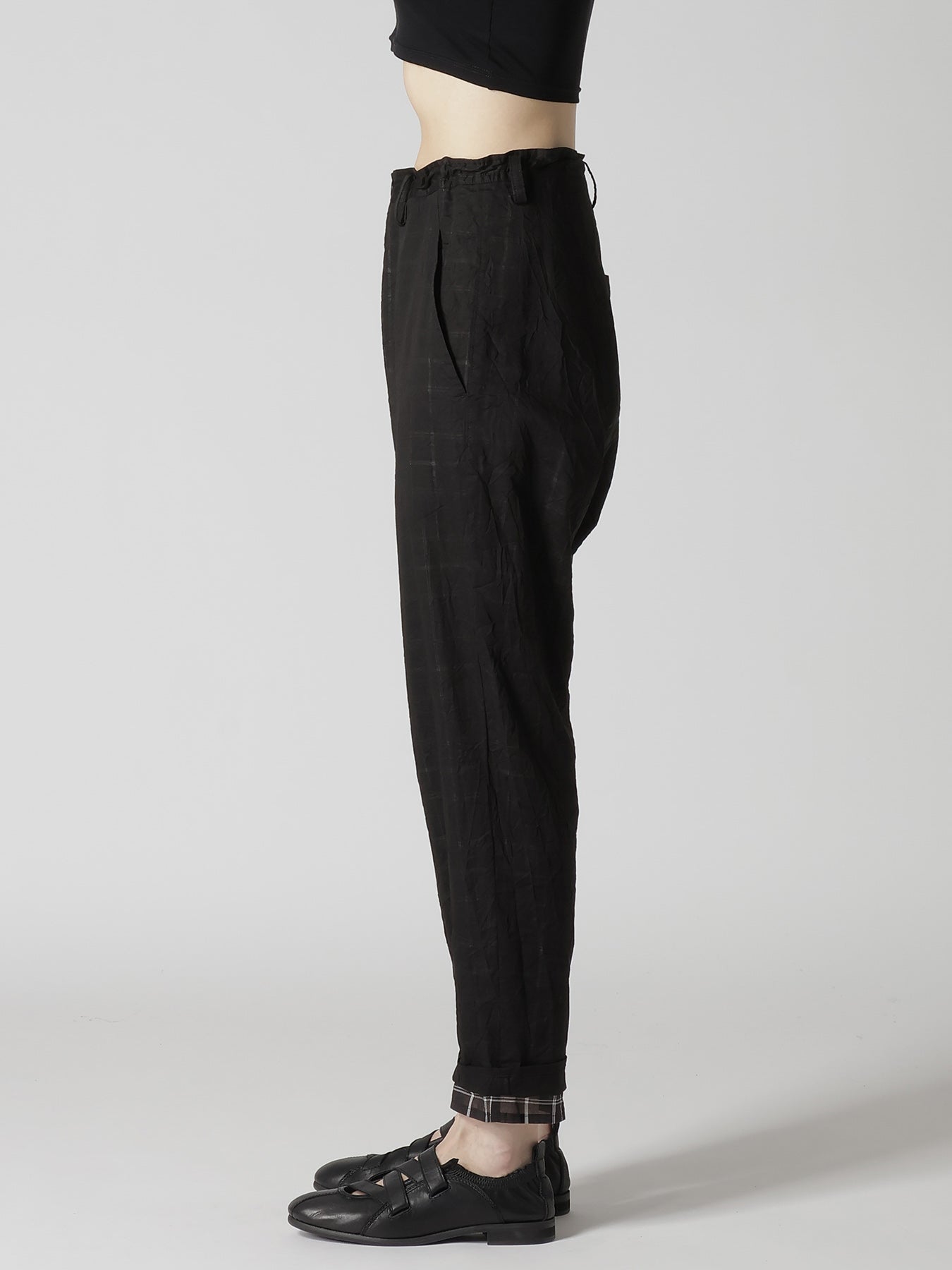 SHEER COTTON-LINEN PLAID LAYER PANTS