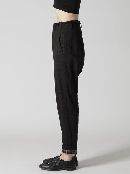 SHEER COTTON-LINEN PLAID LAYER PANTS