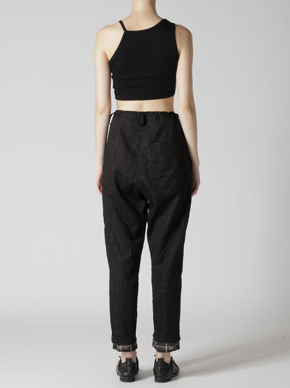 SHEER COTTON-LINEN PLAID LAYER PANTS