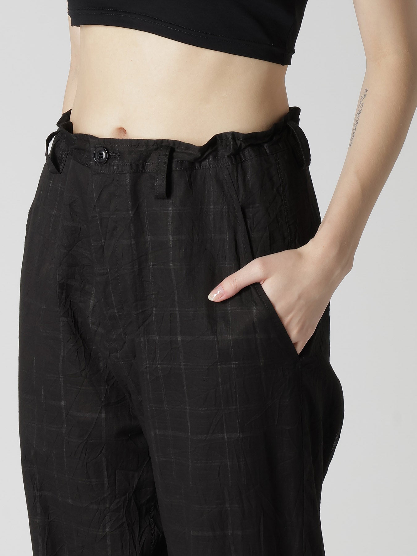 SHEER COTTON-LINEN PLAID LAYER PANTS
