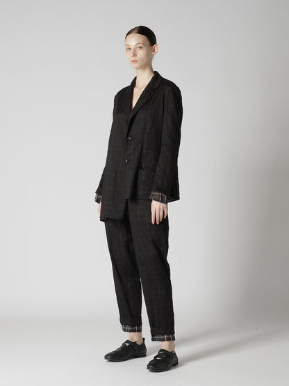 SHEER COTTON-LINEN PLAID LAYER PANTS