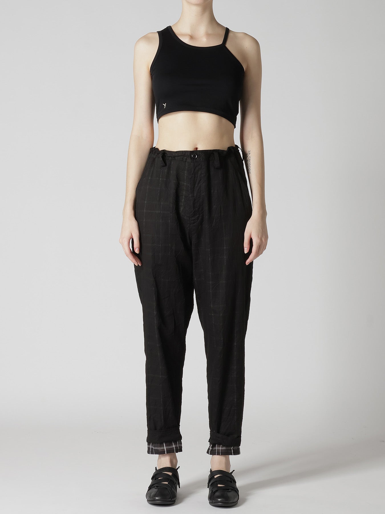 SHEER COTTON-LINEN PLAID LAYER PANTS