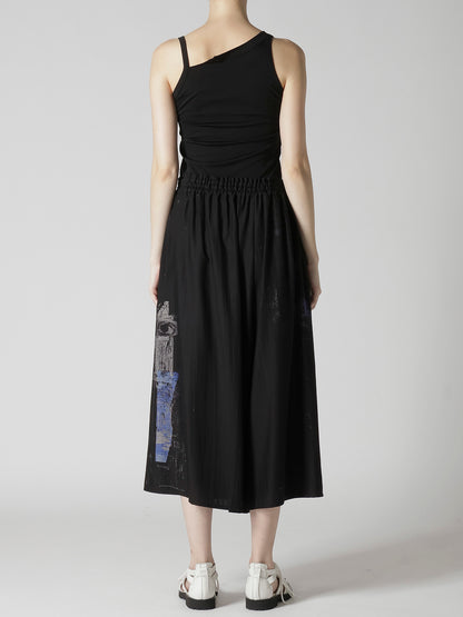 CUPRO/DUNGAREE ASYMMETERIC GATHERED PANTS