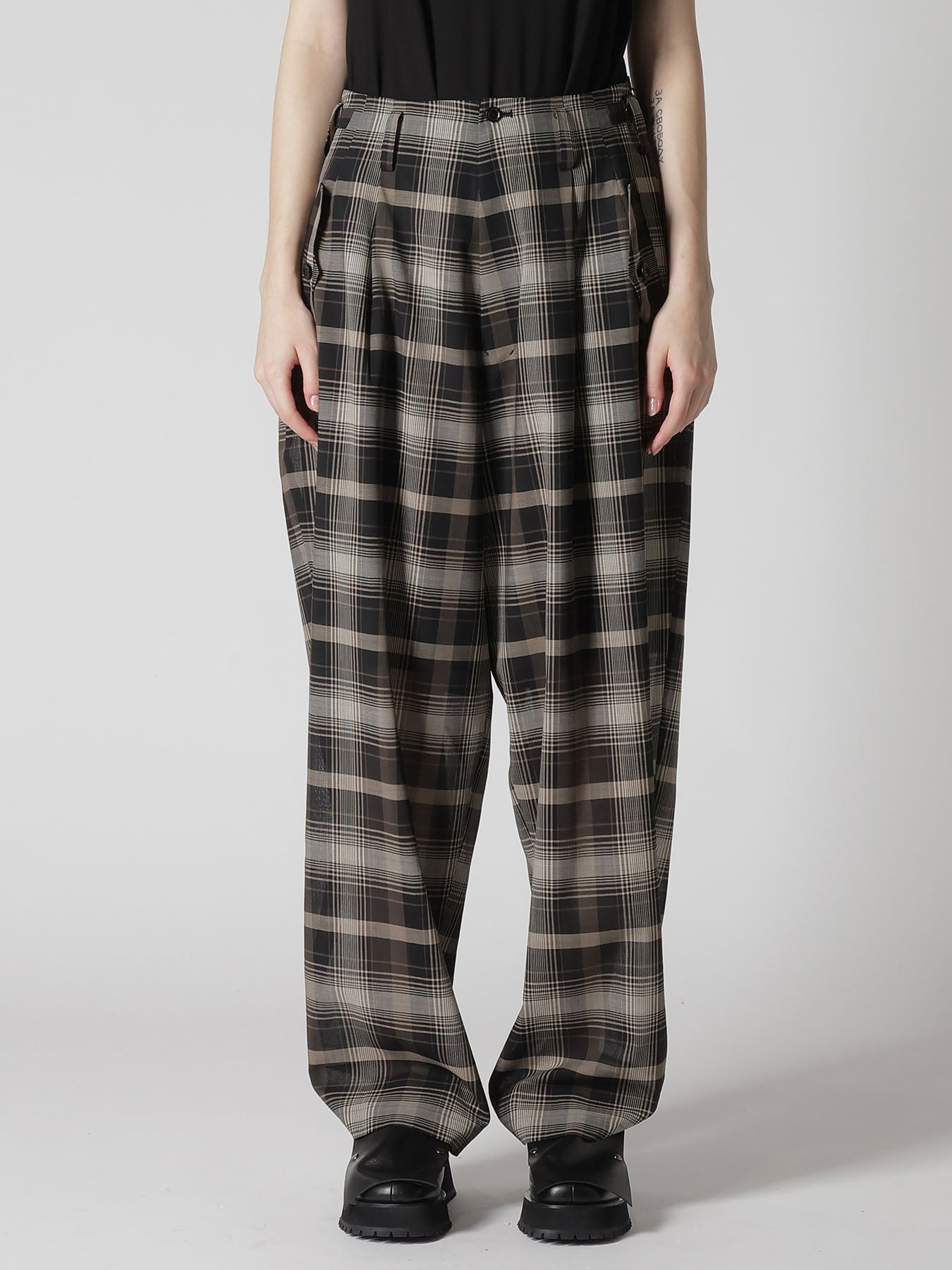 W/PE VOILE PLAID TUCK WIDE PANTS