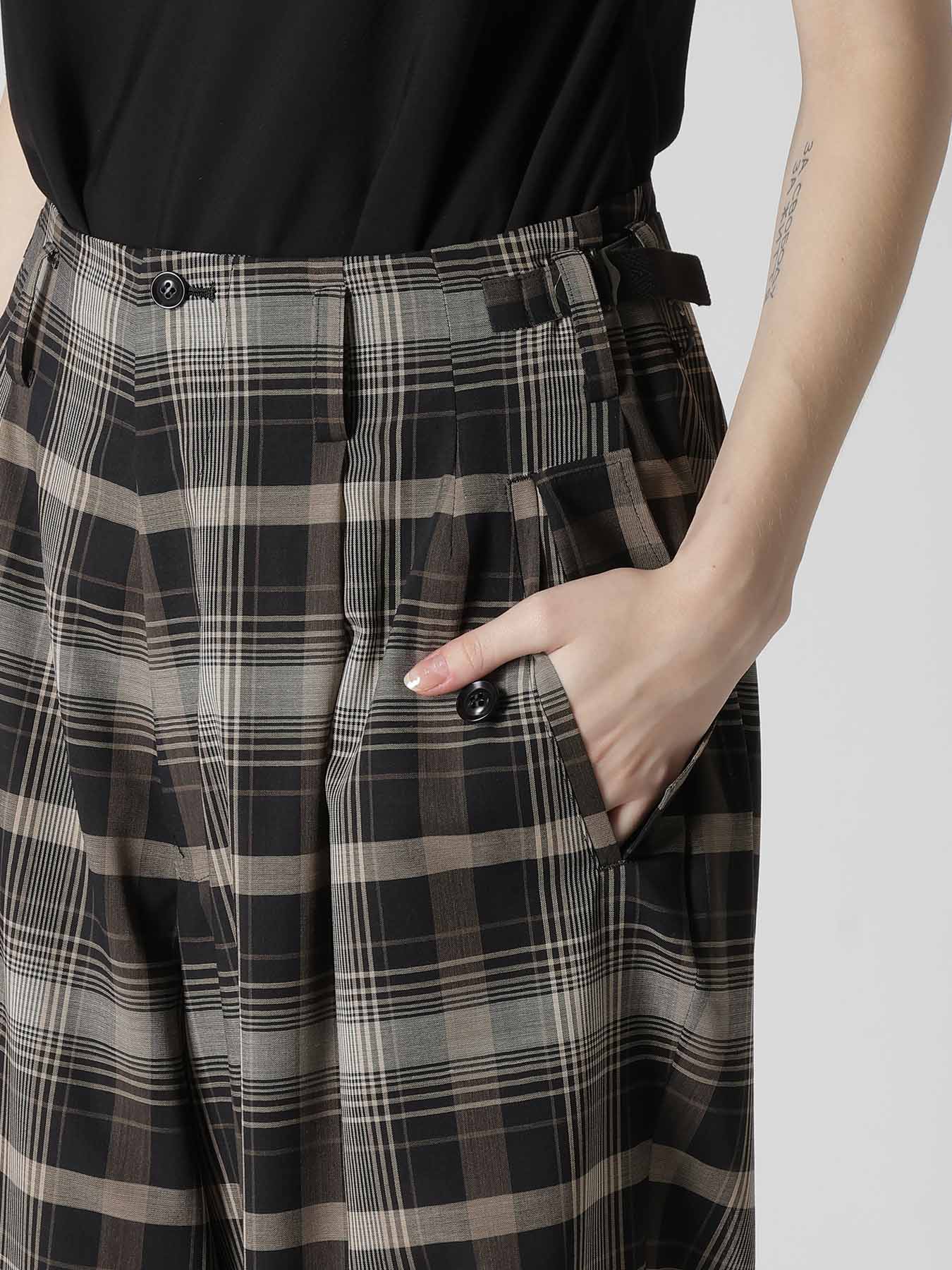 W/PE VOILE PLAID TUCK WIDE PANTS