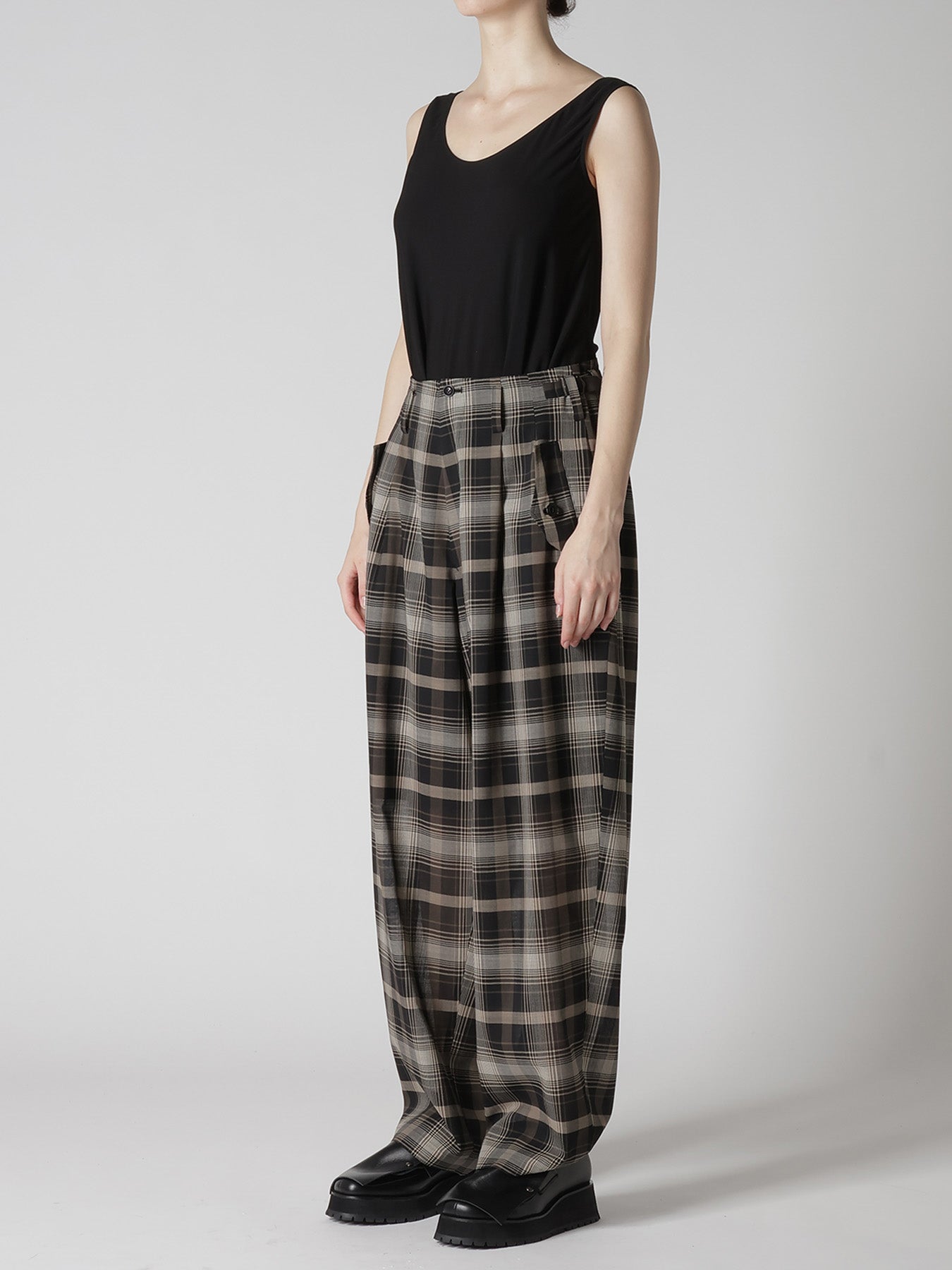W/PE VOILE PLAID TUCK WIDE PANTS