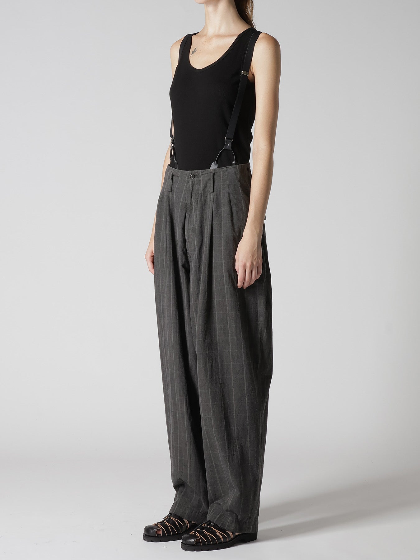 COTTON PLAID SUSPENDER PANTS