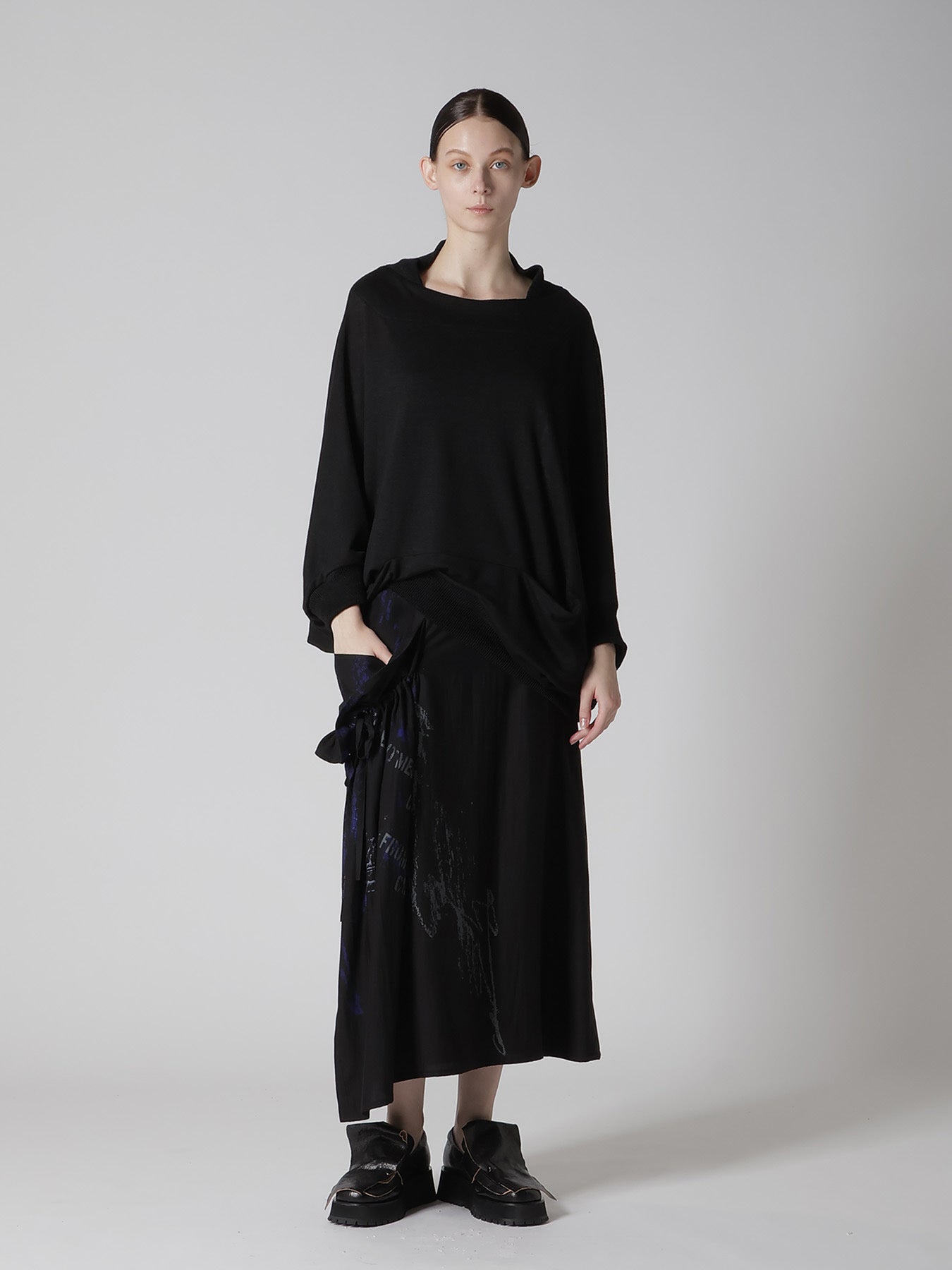 CUPRO/DUNGAREE TWILL GATHER SKIRT