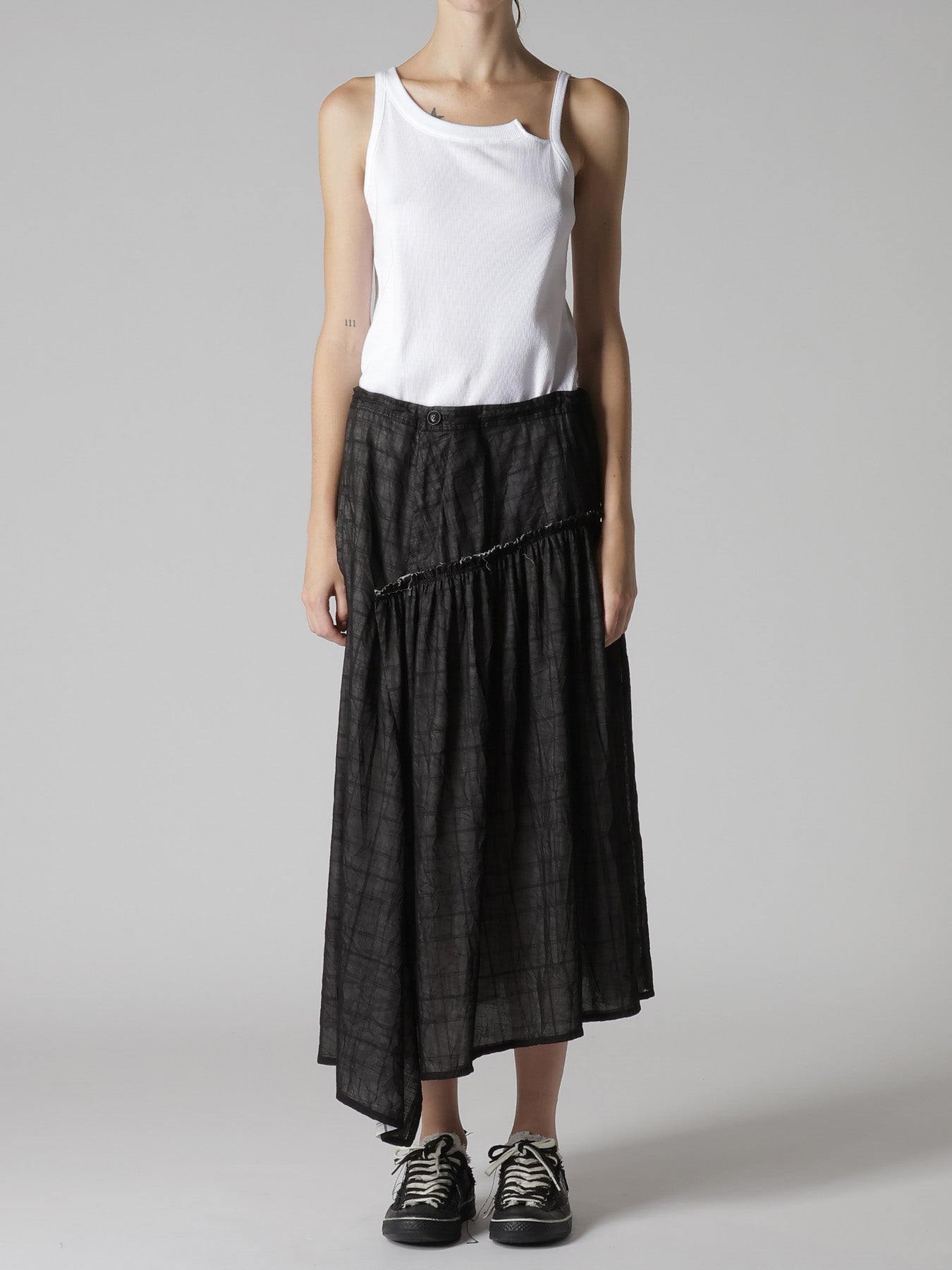 SHEER COTTON-LINEN PLAID LAYER SKIRT