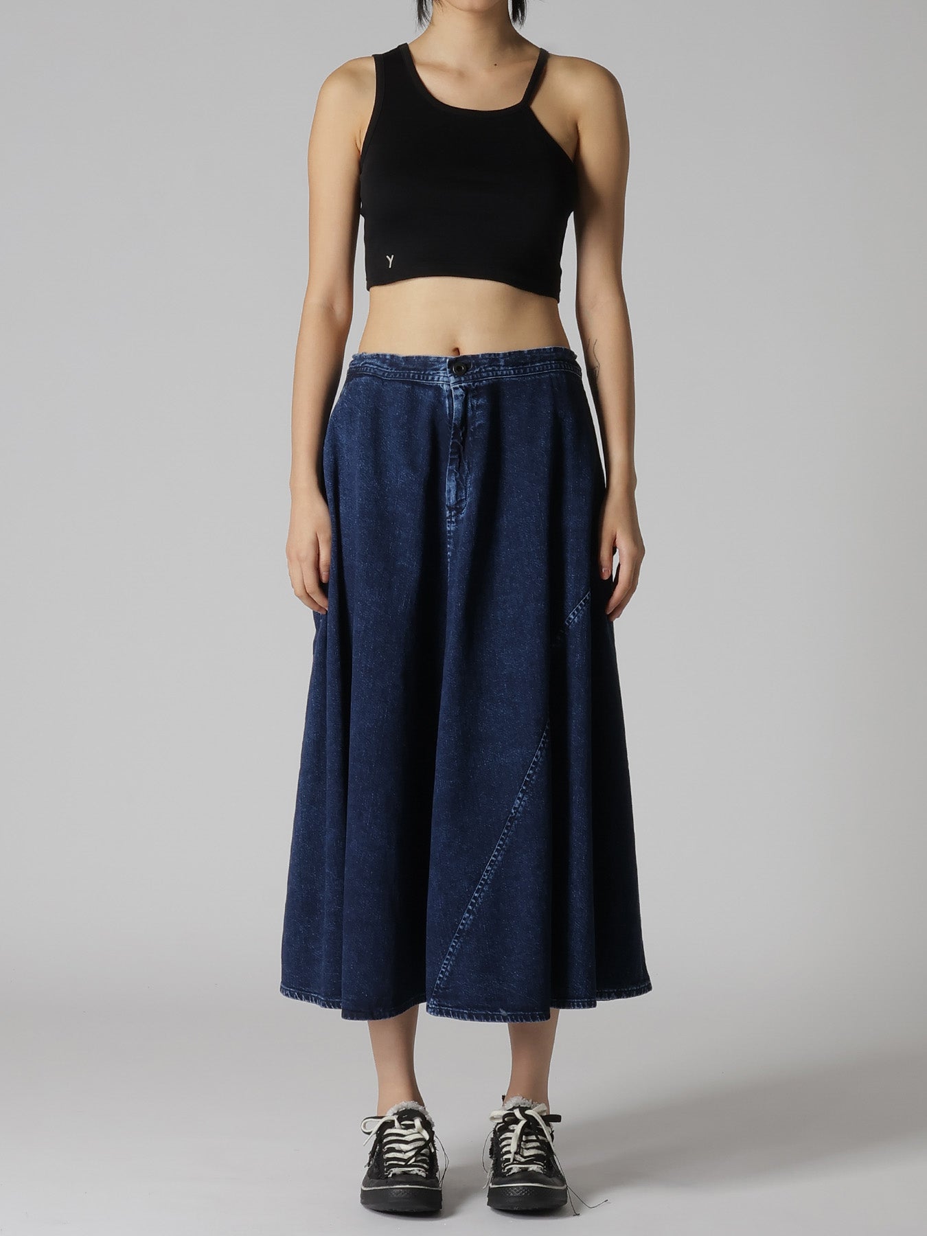 8OZ DENIM CHEMICAL WASH POCKET FLARE SKIRT