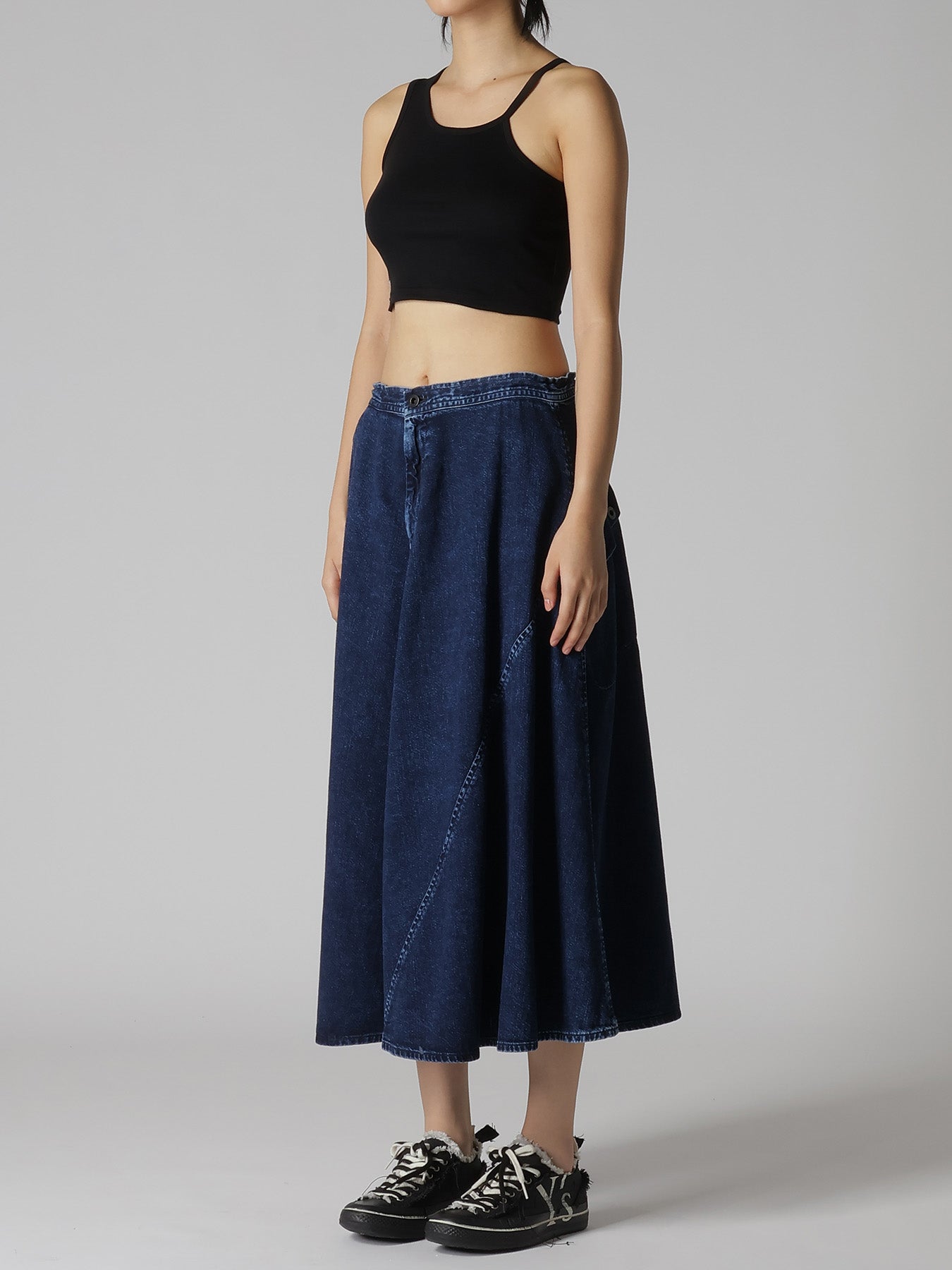 8OZ DENIM CHEMICAL WASH POCKET FLARE SKIRT