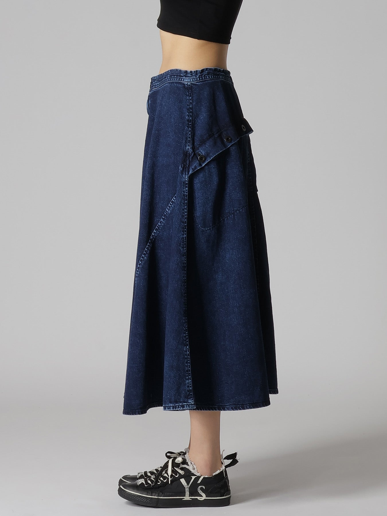 8OZ DENIM CHEMICAL WASH POCKET FLARE SKIRT